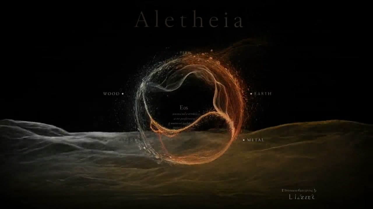 A ring of ember and silver fibres hovering above a pale, rippled cloth landscape; the title Aletheia, the word Eos and the names of the five elements are set into the frame.