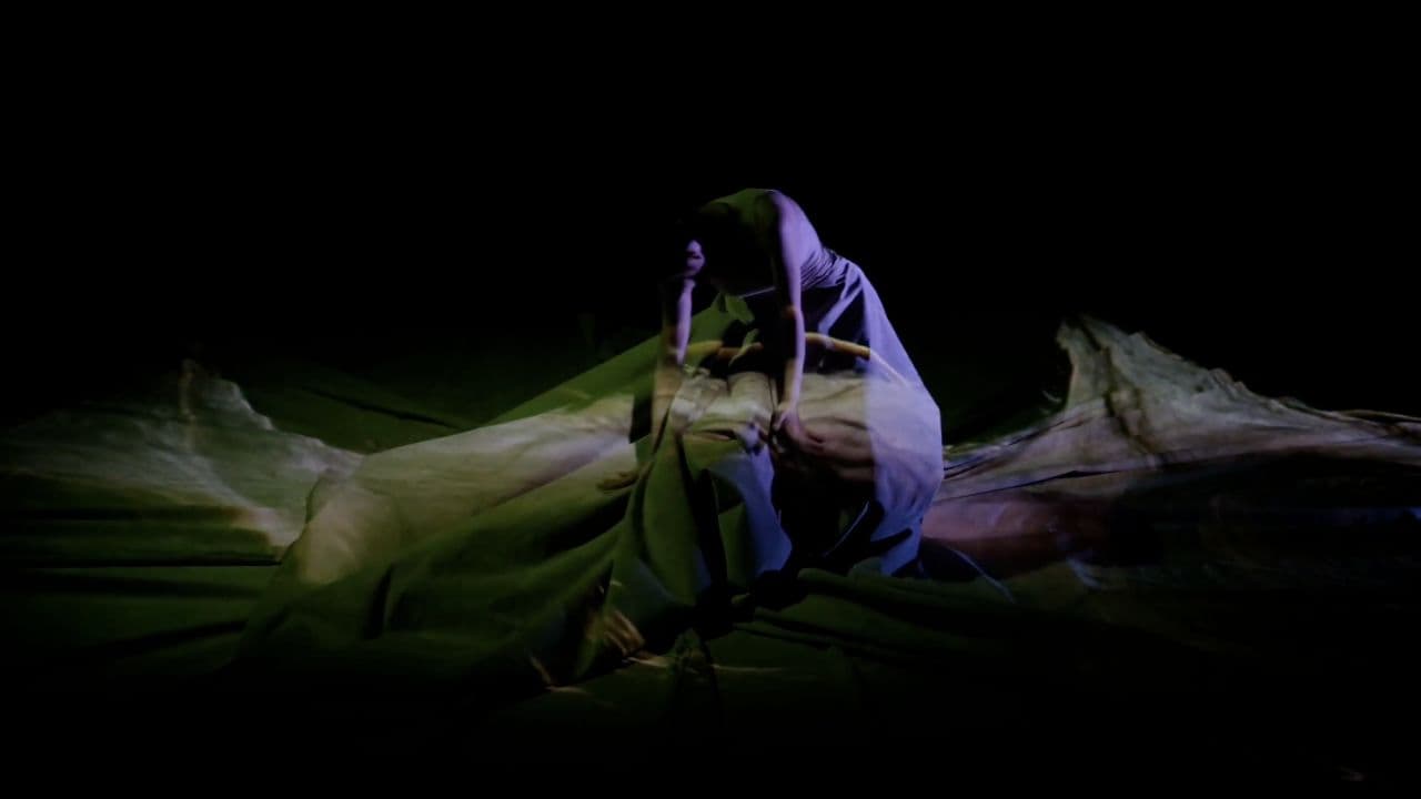 In purple and green light the dancer crouches into the cloth, both hands working into its heavy folds.