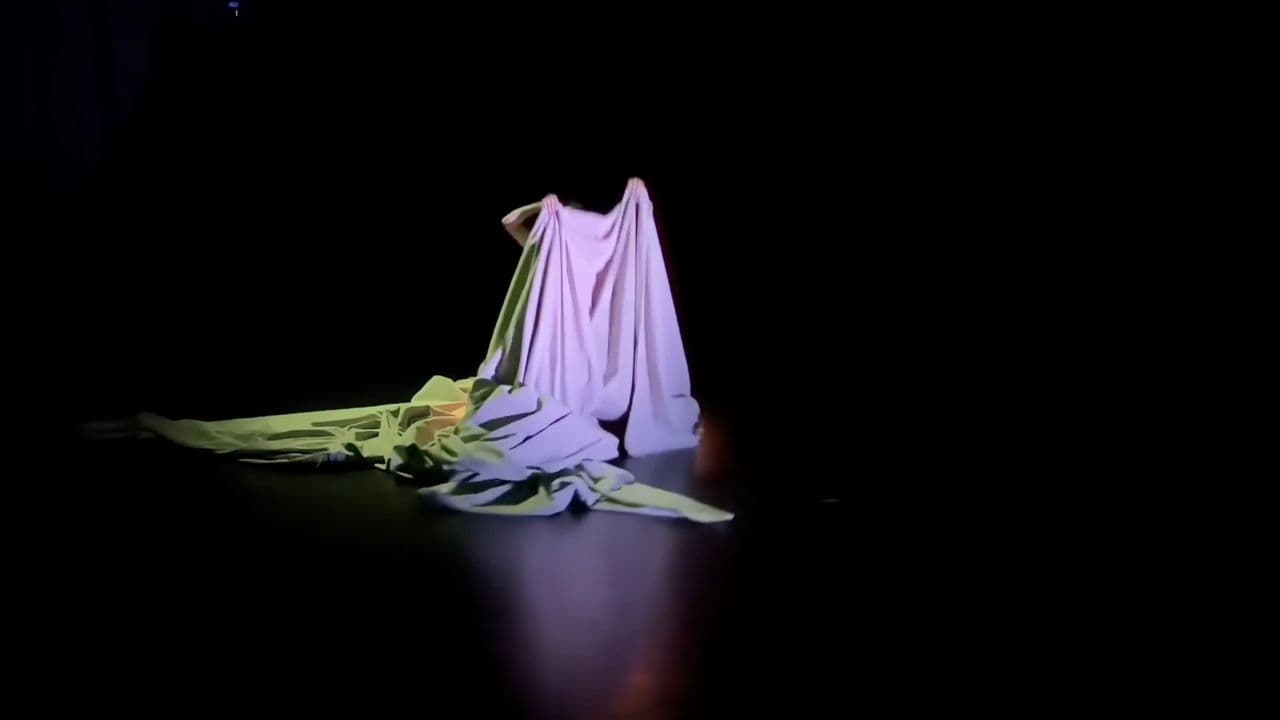 The dancer holds the cloth up overhead with both hands, hiding the face, while the rest of it lies heaped on the floor.