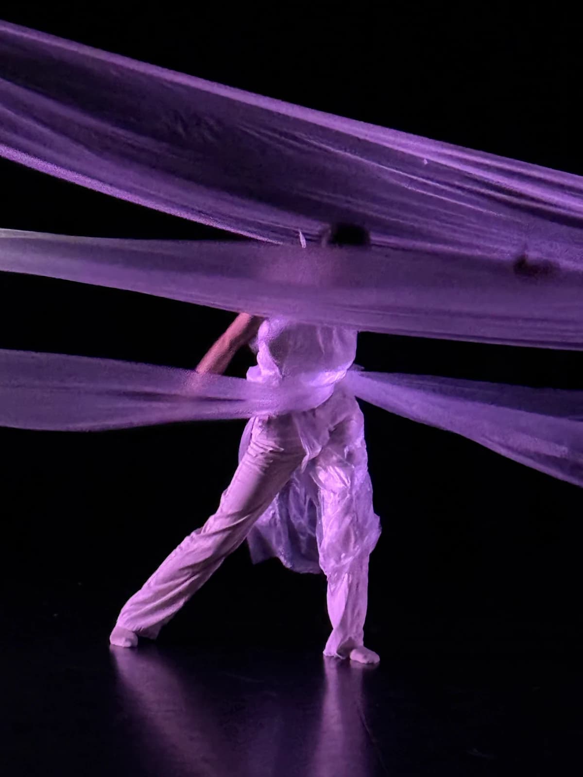 Under purple light, a body in pale clothing stands among the bands, the upper band hiding the head, the feet reflected in the floor.